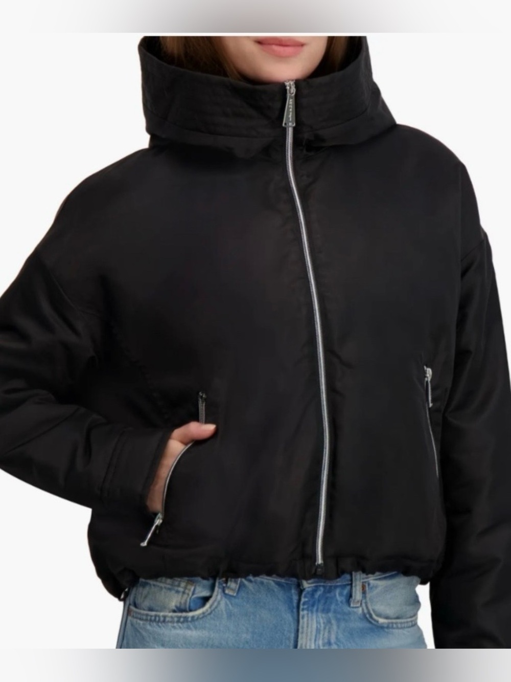 Laundry By Shelli Segal Black Cropped Bomber Jacket with Stand Collar